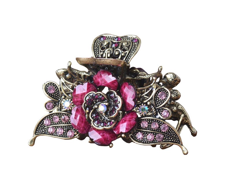 Women Retro Rose Flower Hair Claw Imitation Turquoise Fancy Jaw Clips Pins Fashion Alloy Rhinestone Hair Catch Barrette Hair Updo Grip Hair Accessories Purple